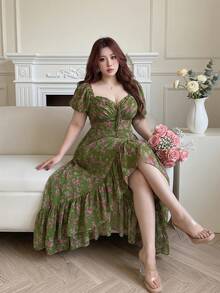 Vibekara Vestido largo de gasa con mangas abullonadas estilo princesa dulce para vacaciones románticas - Verde - Ver 1