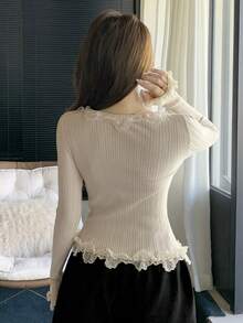 DAZY Women's Contrast Lace Button Down Cardigan,Long Sleeve Tops,Fall Women Clothes - Beige - View 7