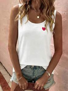 EMERY ROSE New Vintage Casual Basic U-Neck White Tank Top With Heart Print - White - View 4
