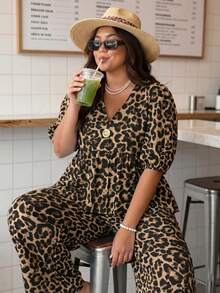 Enliva Plus Size Leopard Print Shirt And Pants 2 Pieces Set, For Apple And Rounded Holiday Vacation Summer Boho - Multicolor - View 8