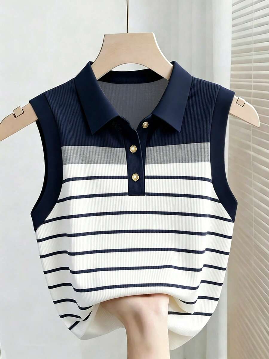Franclia Plus Size Women Contrast Stripe Print Casual Tank Top - Multicolor - View 1