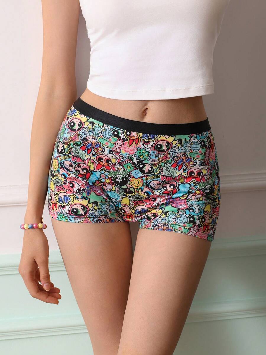 Chillnights THE POWERPUFF GIRLS X SHEIN Celana Pendek Boxer Wanita dengan Desain Cetak Warna Kontras Kartun - MultiWarna - View 1