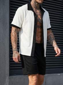 Manfinity CasualCool Bộ áo sơ mi nam tay ngắn, phối màu tương phản, thiết kế tối giản, phong cách thường ngày, cài cúc phía trước. - Đen và trắng - Xem 7
