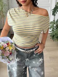SHEIN EZwear Plus Size Women Striped Asymmetrical Shoulder T-Shirt - Multicolor - View 6