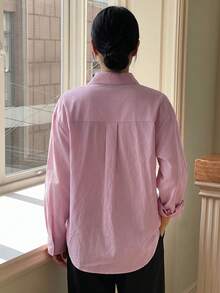 DAZY 女士纯色简约长袖衬衫，休闲日常穿着 - 粉色 - 查看 4