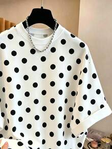EMERY ROSE Plus Size Women's Summer Casual Vacation Style Polka Dot Print Loose Drop Shoulder Plus Size T-Shirt - White - View 4