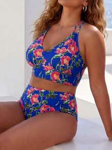 ELLERISSA Plus Size Blue Floral Print High Waist Cross Strap Back Bikini Set - Blue - View 5