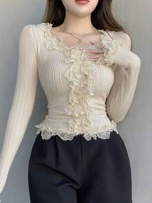 DAZY Women's Contrast Lace Button Down Cardigan,Long Sleeve Tops,Fall Women Clothes - Beige - View 5
