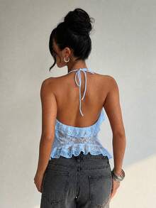 Aloruh Women's Sexy Backless Lace Trim Halter Neck Blouse, Vacation Style - Baby Blue - View 2