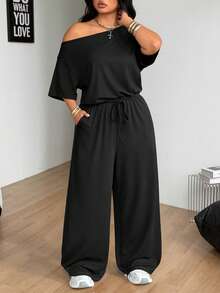 Coolane Women's Plus Size Summer Fall Streetwear Minimalist Casual Basic Daily Wear Open Shoulder Wide Leg Black Jumpsuits Vacation Halloween - Black - View 4