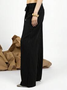 PRISCILA ESCOTO PRISCILA ESCOTO Striped Low Waist Wide Leg Floor Length Pants With Dual Waist Tie Decoration Black - Black - View 5