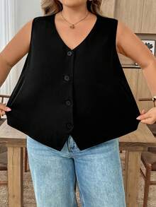 SHEIN CURVE+ 加大码黑色薄款马甲外套，女士办公室衬衫 - 黑色 - 查看 3