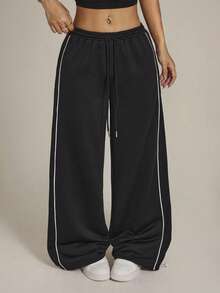 SHEIN PETITE 女士冬季街头风家居日常穿着外出运动休闲基本款条纹纹理装饰黑色低腰宽松运动裤 - 黑色 - 查看 8