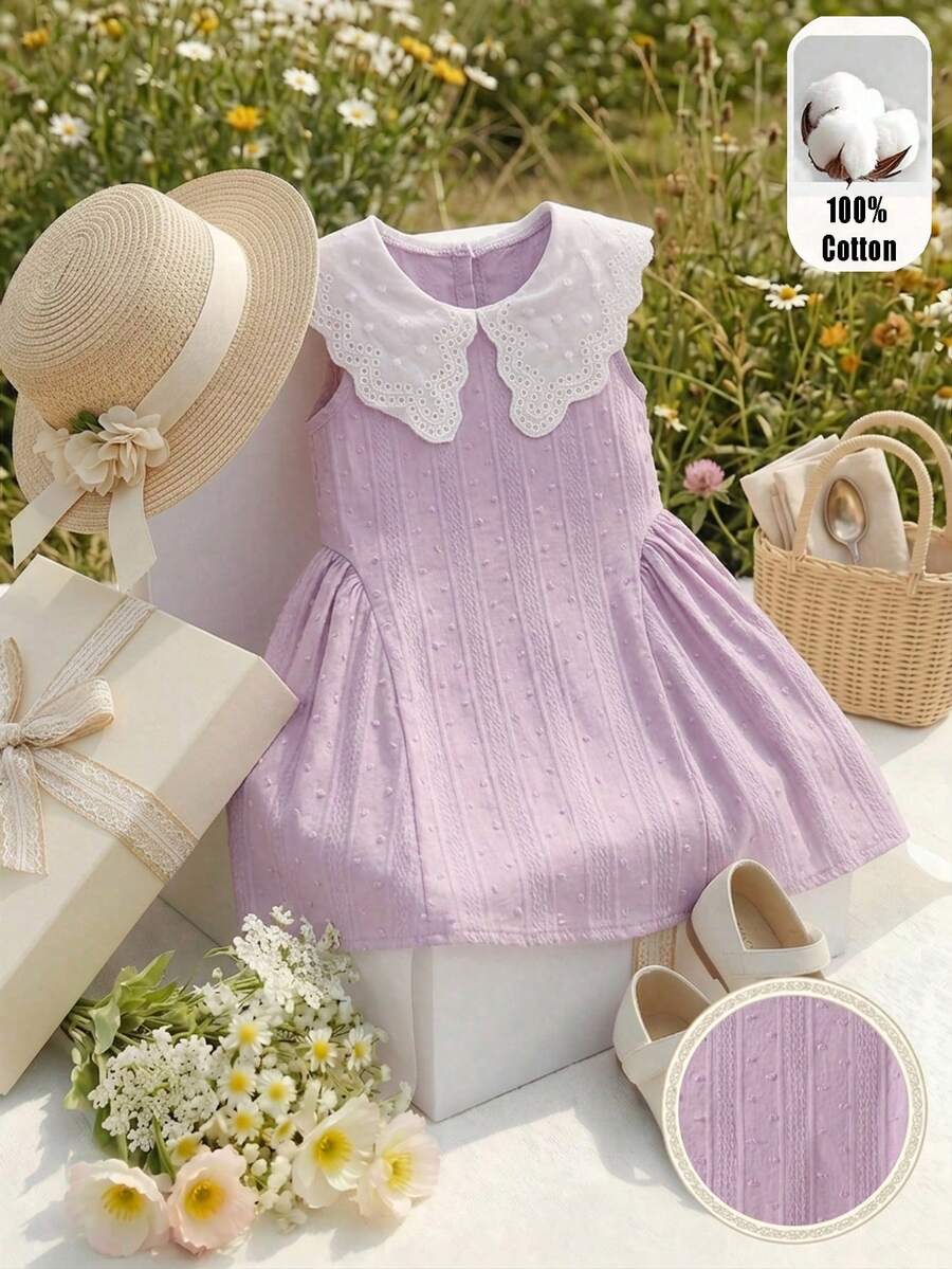 SHEIN Elladie kids 1pc Baby Girls' Elegant Lavender Polka Dot Jacquard Sleeveless Lace Collar A-Line Dress Loose Fit Summer Picnic Outfit For Daily Outings