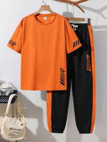 SHEIN 2pcs Teen Boys' Orange Summer Streetwear Beach Knit Suit Set,Casual Comfortable Printed Round Neck Short Sleeve T-Shirt And Straight Leg Pants - Orange - View 3