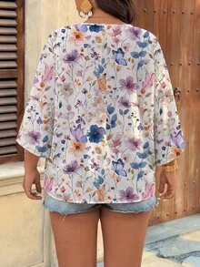 SHEIN VCAY 女士休闲度假风 | 水彩花卉蝴蝶印花深V领宽松套头衫 - 蝙蝠袖短袖衬衫 - 彩色 - 查看 2