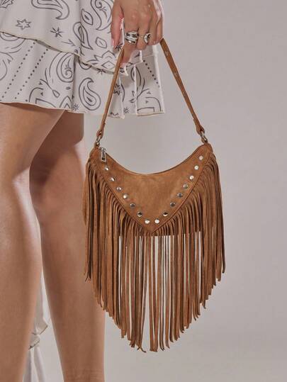 MUSERA Studded Fringed Tassle Faux Leather Handbag For Going Out Daily Spring Holiday Accessory,Rivets, Retro, Vintage, Bohemian Style, Fashionable, Personalized, Simple, Versatile, Street, For Daily, Music Festival