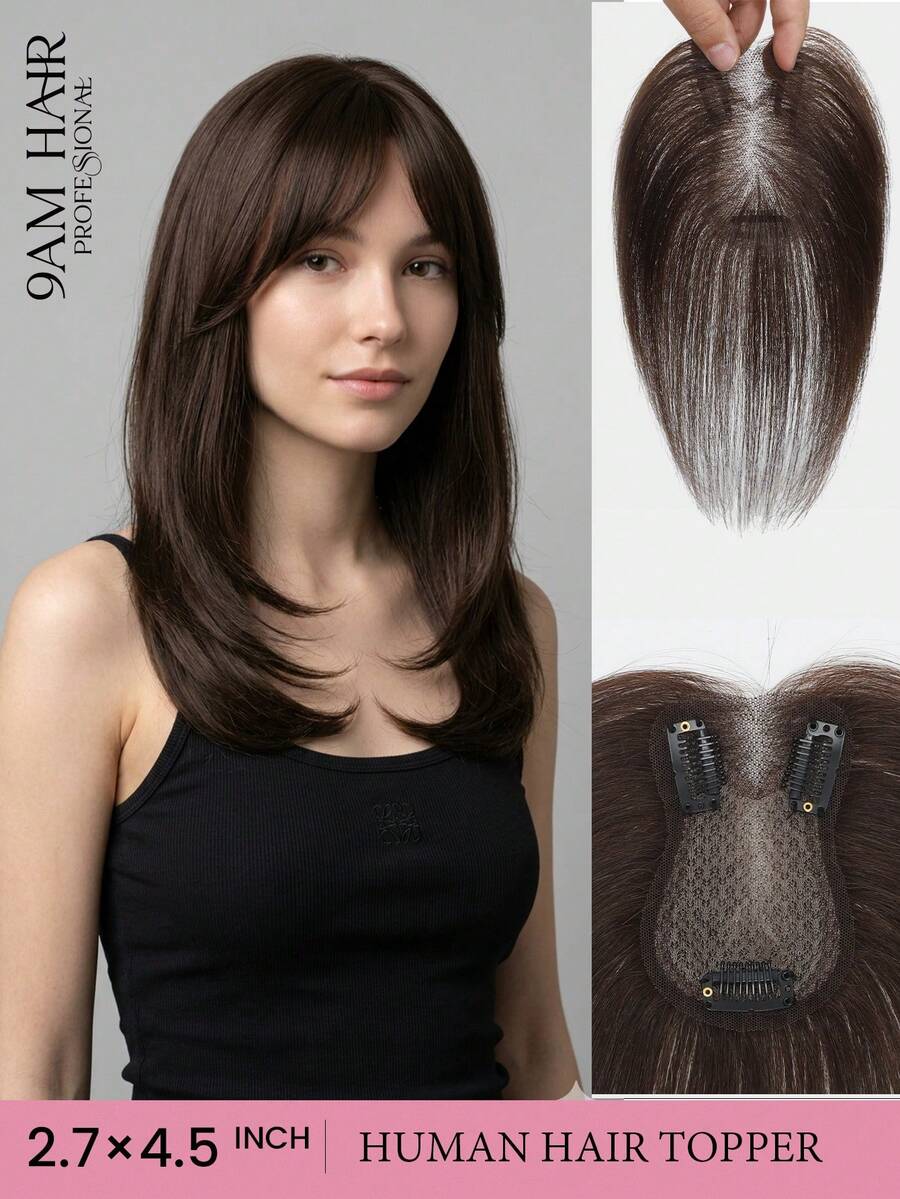 8 Inch Hair Toppers For Women Real Human Hair Pieces For Women With Sparse Crown Hair 2.75*4.5 Inch Lace Hair Toppers Middle Part No Bangs 3 Clips Fixed Clip In Hair Extensions - S2 - View 1