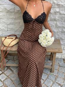 Vestido largo con estampado de lunares negros, encaje, escote en V, cuello halter, espalda descubierta, cintura con lazo, para mujer, primavera/verano, elegante, vacaciones - Blanco - Ver 11