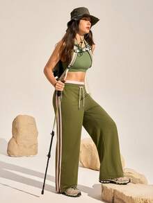 Exploreva Women's Contrast Color Striped Split Outdoor Sweatpants - Army Green - View 1