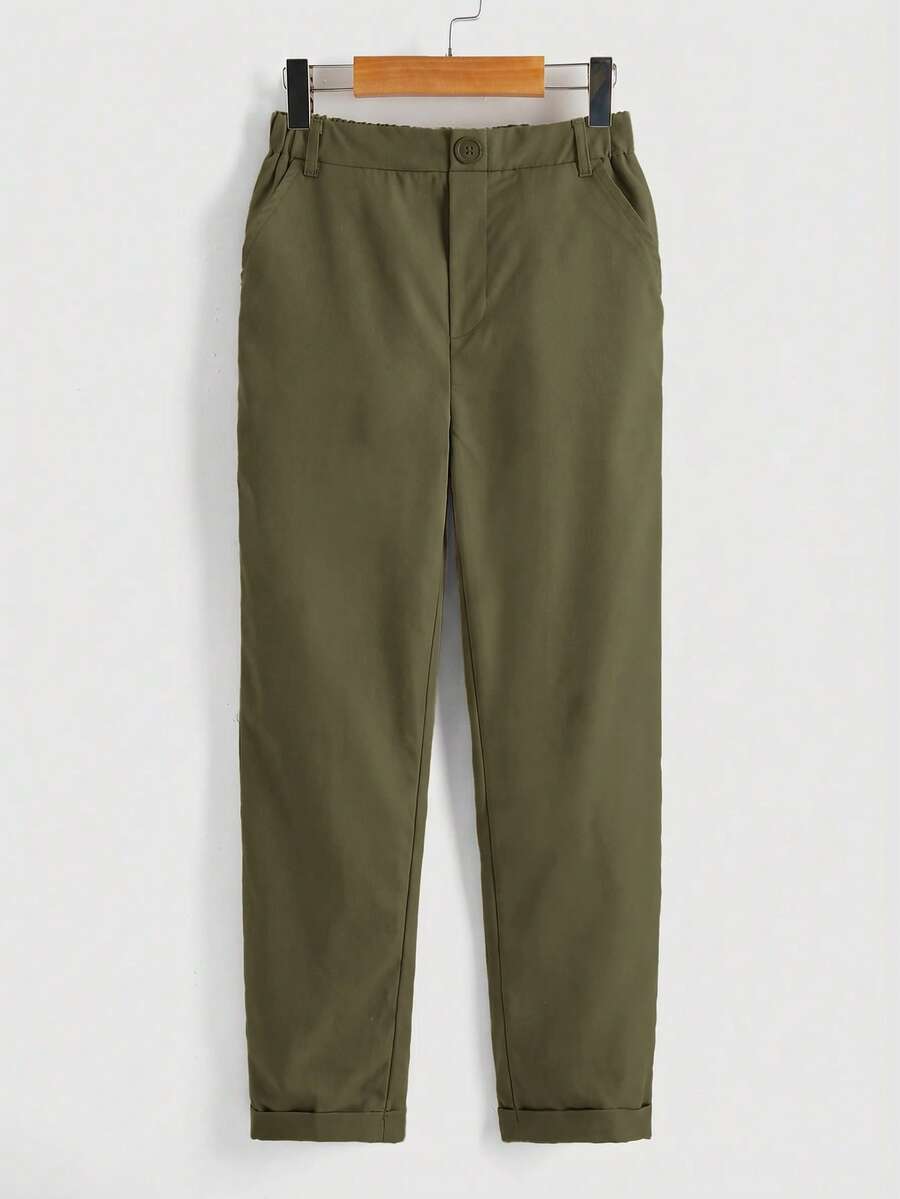 SHEIN Tween Boy Casual Comfortable Slim Elastic Waist Pants With Slant Pockets - Army Green - View 1