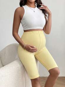 SHEIN Maternity Solid Color Adjustable Waist Casual Versatile Daily Wear Leggings - Butter Yellow - View 4