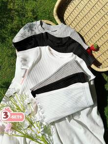 SHEIN Vintaside Kids 6件套女婴休闲纯色针织短袖上衣和松紧腰短裤 - 彩色 - 查看 3