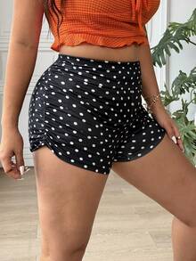 SHEIN EZwear 大码女式夏季休闲度假波点印花褶皱修身短裤 - 黑色 - 查看 8