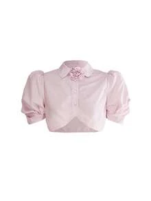 Sweetness Sweet Girl's Pink Striped Cropped Puff Sleeve Floral Decor Blouse - Pink - View 1