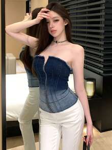 Joudiya Áo ống nữ mùa hè kiểu dáng thường ngày phối màu ombre, khóa kéo phía trước - Rửa trung bình - Xem 2