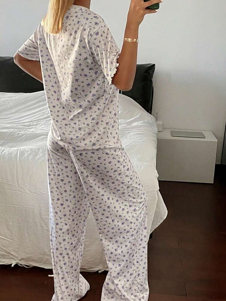 2pcs/Set Women's Sweet Ditsy Floral Loose Short Sleeve T-Shirt And Straight Leg Long Pants Pajama Set, Summer