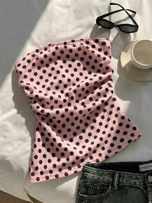 Comfortcana Women's Casual Minimalist All-Over Polka Dot Print Tube Top For Summer,Summer Top - Baby Pink - View 4