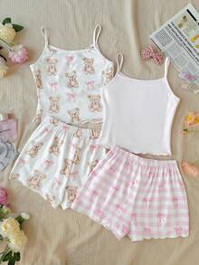 SHEIN 4 piezas Conjunto de pijamas para niñas preadolescentes - Decoración con moño y estampado de oso de dibujos animados en camiseta y pantalones cortos - Multicolor - Ver 6