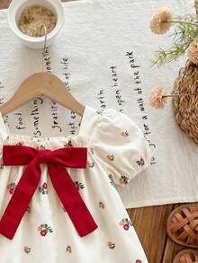 SHEIN Đầm ngắn tay kẻ caro xanh lá cây dễ thương cho bé gái, có nơ, dáng rộng, thích hợp cho kỳ nghỉ hè. - Nhiều màu - Xem 5