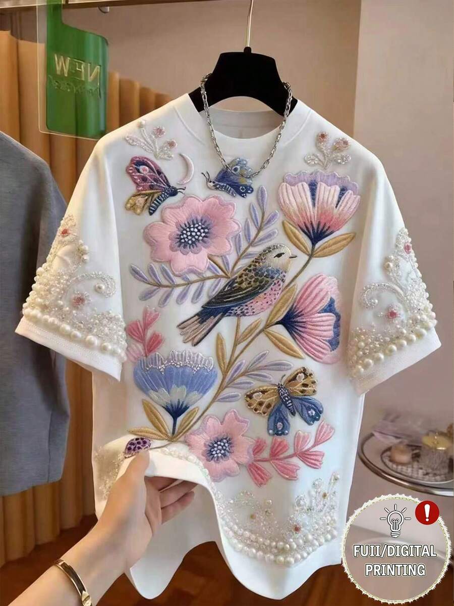 Resyla 女士休闲花卉蝴蝶图案串珠装饰T恤,夏季 - 彩色 - 查看 1