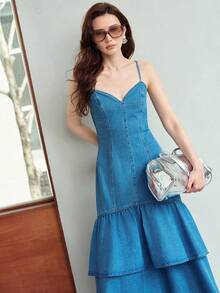 MOTF PREMIUM Đầm denim nữ không tay, viền bèo nhún, mùa xuân/hè - Màu xanh lam - Xem 6