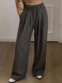 DAZY Women's Solid Color Drawstring Waist Wide-Leg Casual Pants - Grey - View 8