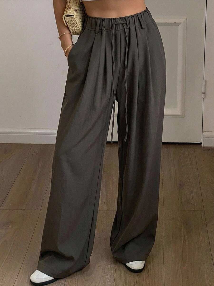 DAZY Women's Solid Color Drawstring Waist Wide-Leg Casual Pants - Grey - View 1