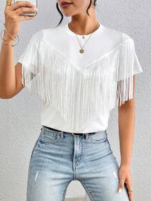 SHEIN Summer Fashion Solid Color Tassel Decorated T-Shirt - White - View 3