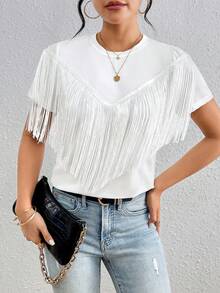 SHEIN Summer Fashion Solid Color Tassel Decorated T-Shirt - White - View 5
