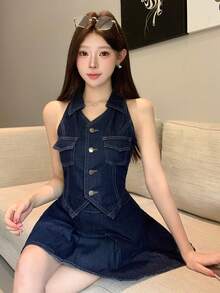 DAZY 女士无袖露脐上衣和百褶裙牛仔套装，春夏款 - 藍色 - 查看 11