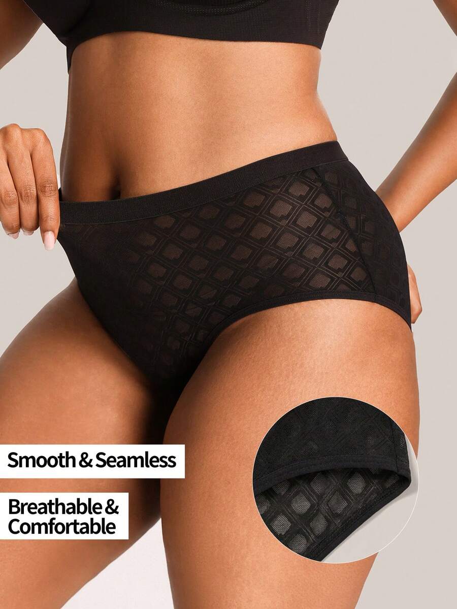 Barelissa 1pc Geometric Pattern Full Coverage Plus Size Women's Briefs - Black - View 1