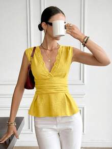 Serisse Women's Textured Ruched Lace Patchwork Ruffle Hem Vacation Blouse Lunch Date Yellow Summer Elegant - Yellow - View 3