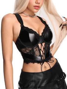 AltBold 1pc Lace Patchwork PU Underwire Bra For Women - Black - View 6