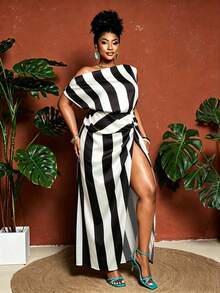 Maweii Robe d'été mode grande taille à col asymétrique torsadé, rayures bicolores et fente haute - Noir et Blanc - Voir 7