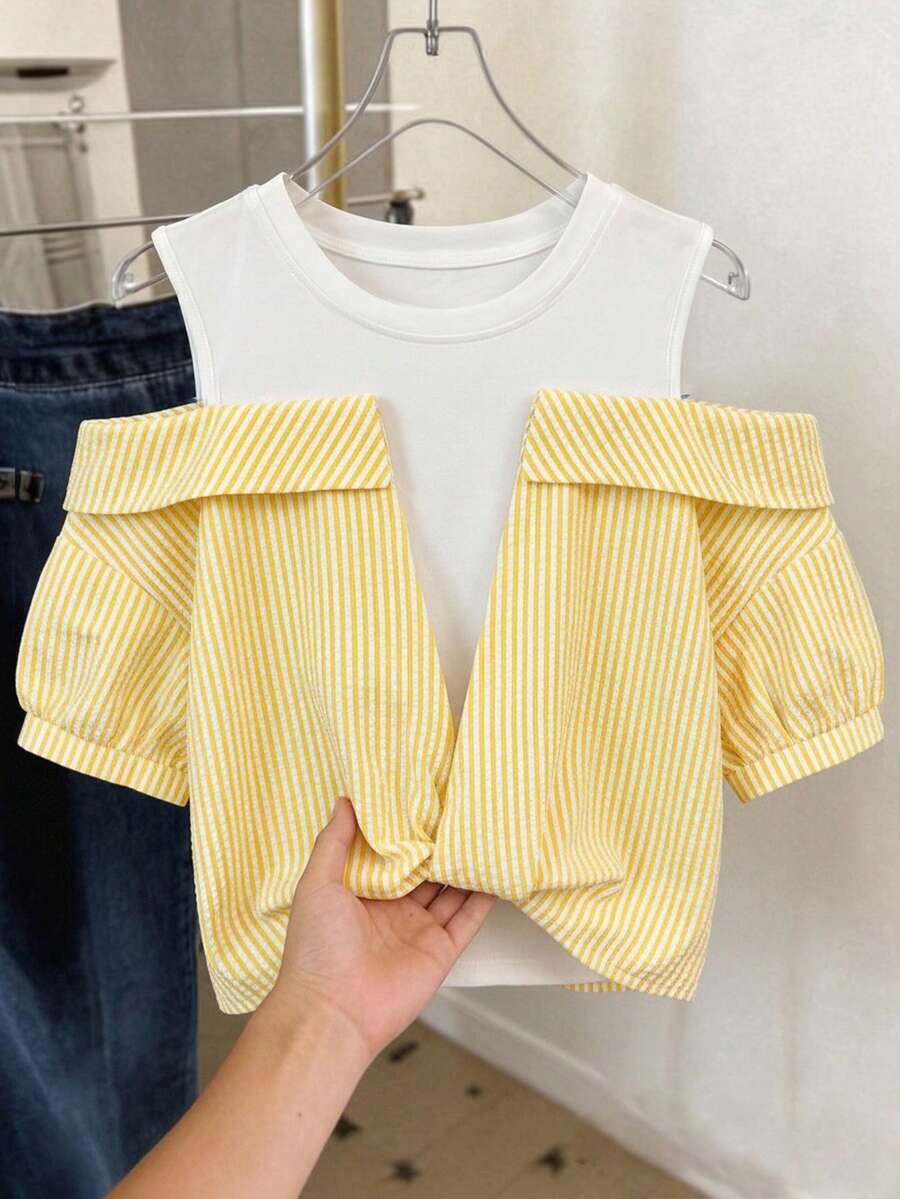 Tween Girls Striped & Solid Color 2 In 1 Shirt - Yellow - View 1