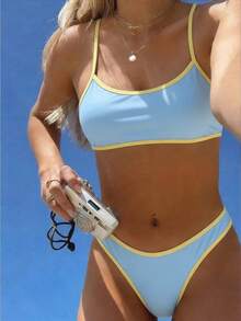 Swim Mod 2025女款新款3件組細肩帶無鋼圈純色比基尼泳衣，含兩件泳褲下身 - 藍色 - 查看 7