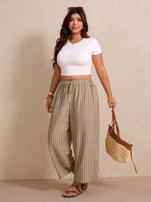 Elaquor Plus Size Casual Pants With Line Print - Coffee Brown - View 6