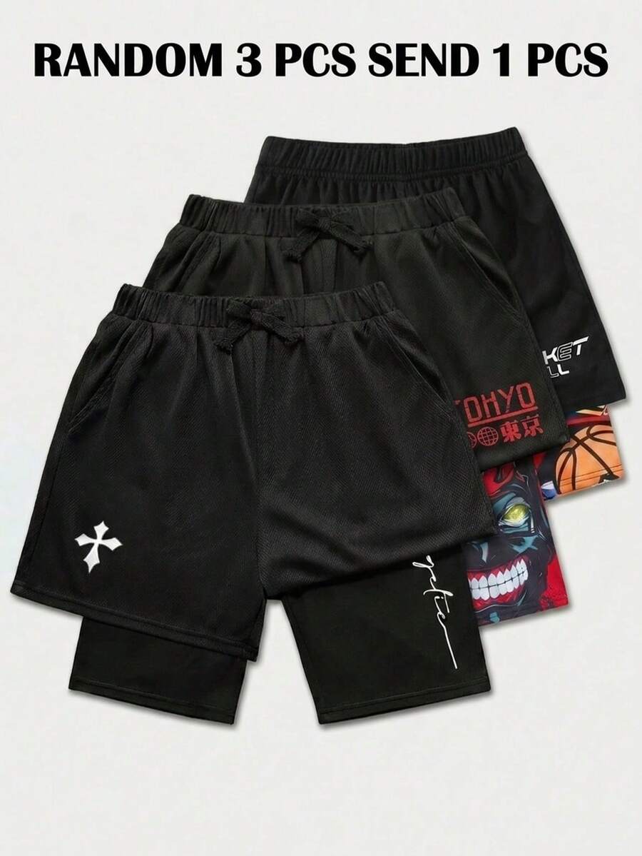 SHEIN [Random 3 PCS,Send 1 PCS] Tween Boys' Loose Casual Graphic Print Shorts Black Summer Streetwear Hiking Outfits Teenager Toddler Vacation Jogging Cozy
