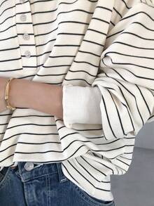 FRIFUL Women's Loose Fit Drop Shoulder Long Sleeve Striped T-Shirt, Autumn - Beige - View 7